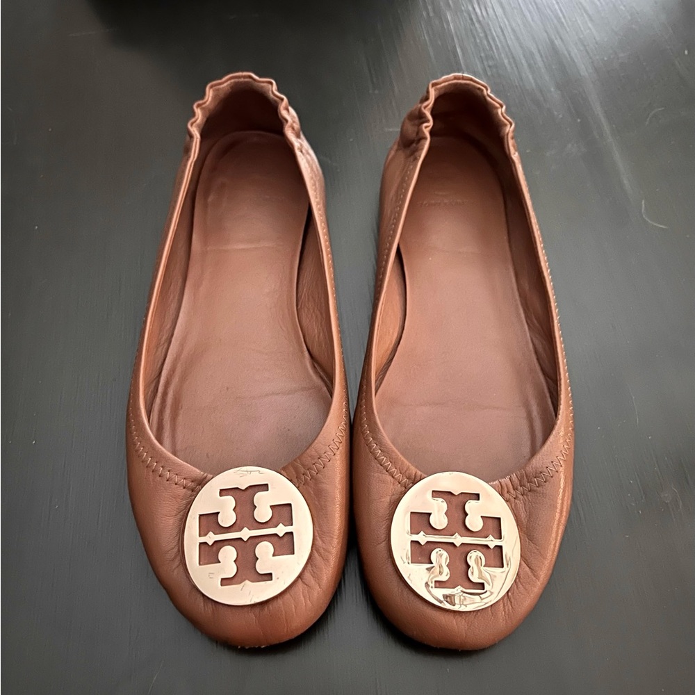 Tory Burch Minnie Ballet Flats, Royal Tan and Gold, Size 9, Great Condition!